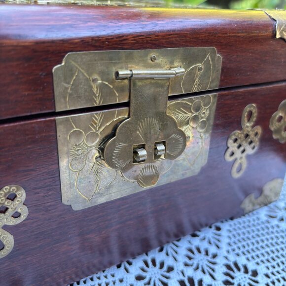 Vintage Rosewood Jewelry Box Brass Hardware Chest with Bone Medallion Solid Wood - Picture 14 of 16